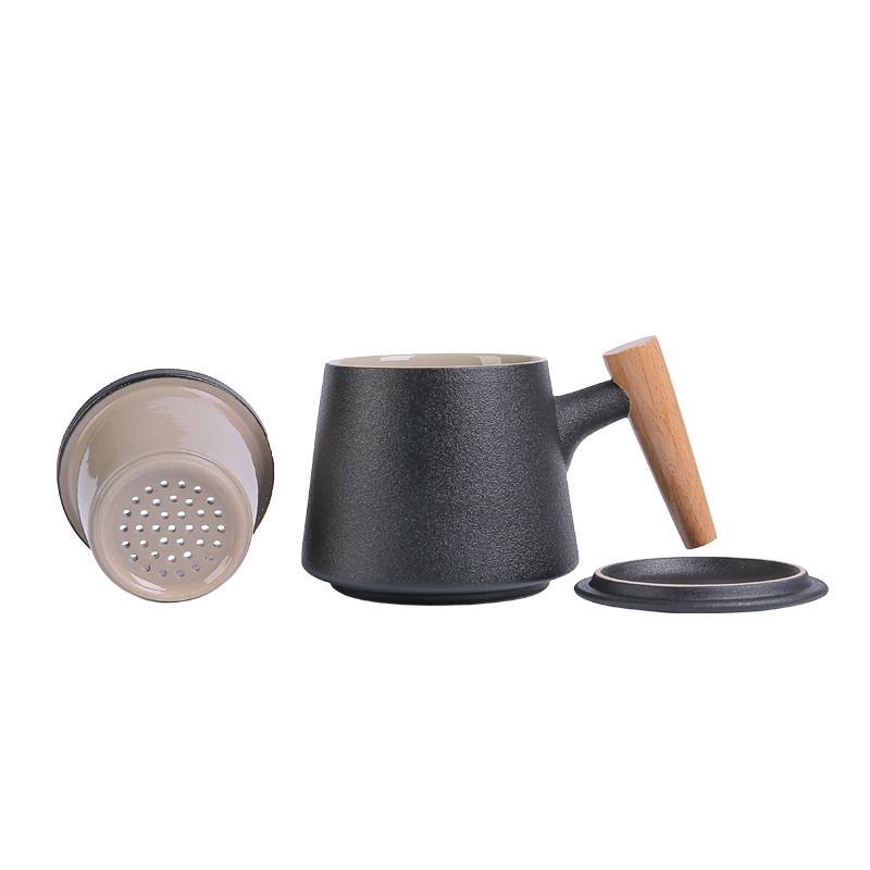 Wooden Handle Ceramic Tea Cup With Lid Filter Tea Cup Tea Water Separation Cup Flower Tea Cup Office Cup - Image 3